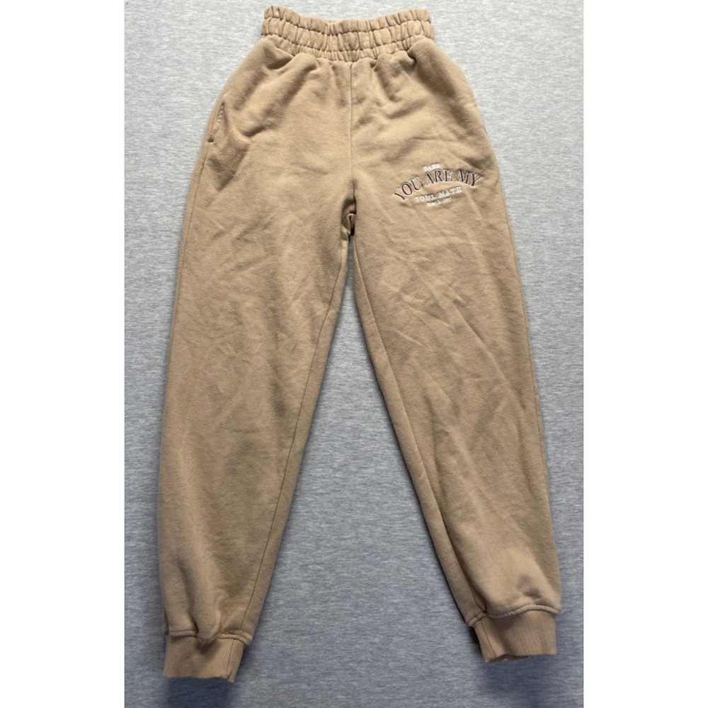 Bershka Jogger Pants Women XS Beige Fleece Lined Athleisure Sports Elastic Waist